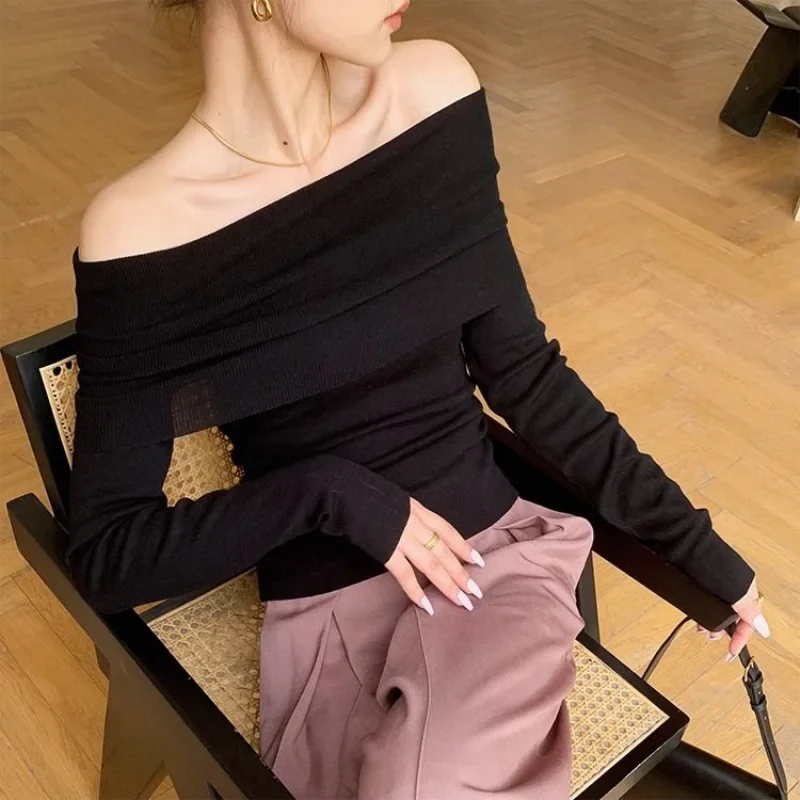 Free shipping for Black Solid Off Shoulder Elegant Long Sleeve Tops Korean Fashion Slim Sexy Cropped T Shirt Women Autumn Y2k Clothing Skinny Top