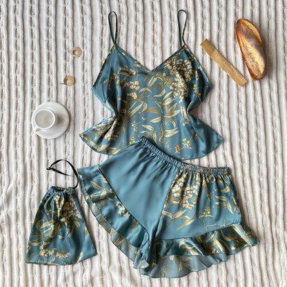 Free Shipping For Elegant Floral Print Pajama Set - Cami Top with Ruffle Hem Shorts (S-XL)