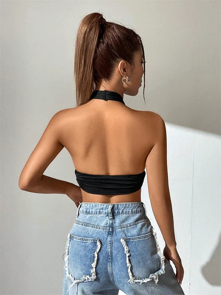 Free shipping for Sleeveless Backless Deep V-neck Halter Top Women Summer 2024 Club Party Sexy Solid Color Crop Tops Streetwear Y2K Clothes