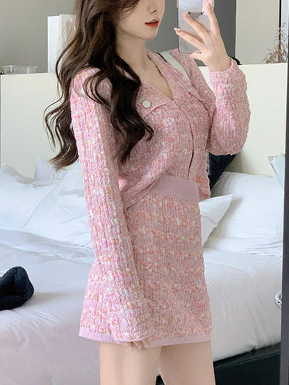 Free shipping for Two Piece Dress Set Sweet Cardigan Sweater + Slim Skirt Pink Elegant  Mini Dress Autumn Office Lady Casual Knitted Suits