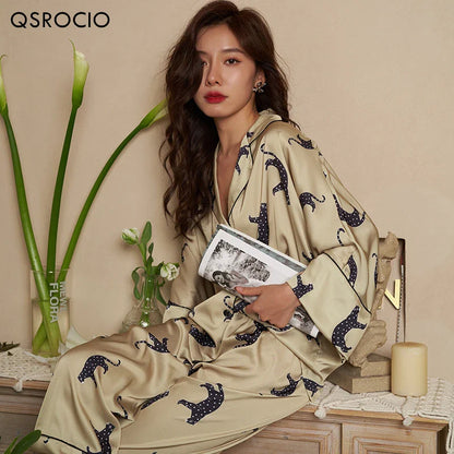 Free Shipping For Luxury Leopard Print Pajama Set: Silk-Like Sleepwear (M-2XL)