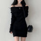 Free shipping for Off Shoulder Suspender Lapel Knit Dress Women Korean Sexy Slim Bottomed Mini Dresses Autumn Winter Solid Suspender Sweater Dress