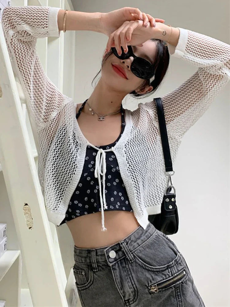 Free shipping for Cardigans Women Sunscreen Thin Summer Knitwear Hollow Out Cropped Casual See-through Streetwear Ins Chic Fashion Loose College