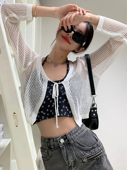 Free shipping for Cardigans Women Sunscreen Thin Summer Knitwear Hollow Out Cropped Casual See-through Streetwear Ins Chic Fashion Loose College