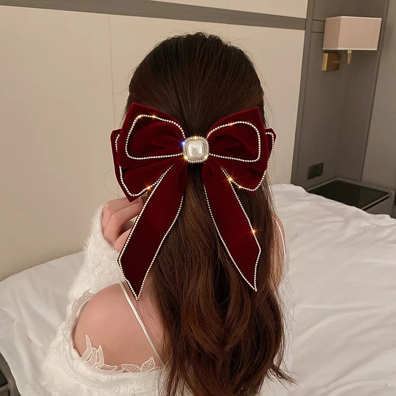 Free shipping for Velvet Inlaid Rhinestone Pearl Bow Hair Clip for Women Korean Fashion Exaggerated Hair Claws Exaggerated Hair Accessories