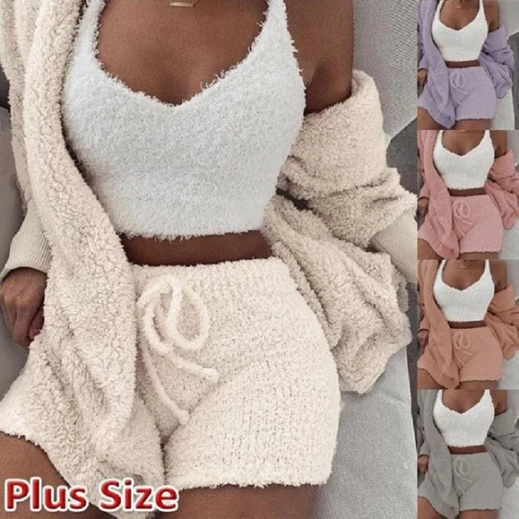 Free Shipping For Fluffy Pajamas Set - Casual Sleepwear Tank Top and Shorts Plus Size Hoodie Leisure Homewear Winter 3-Piece Pajamas (S-2XL)