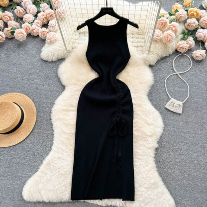 Free shipping for Fashion Summer Bodycon Knitted Dress Sexy Package Hips Drawstring Split Black Women Dress Basic Lady Party Vestidos