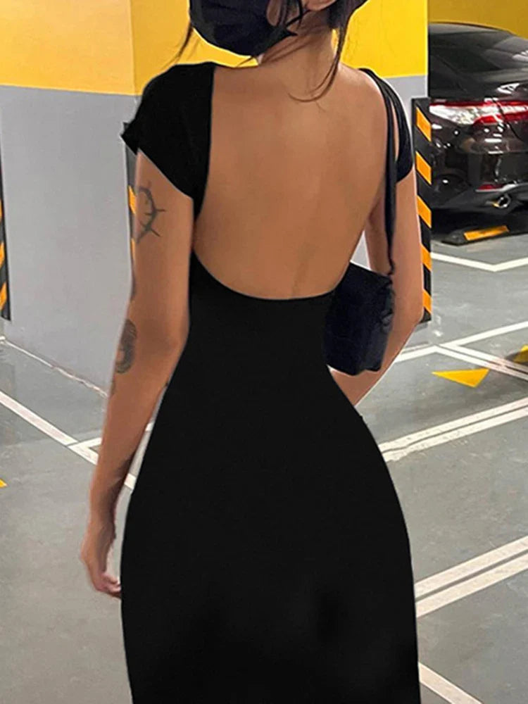 Free shipping for Solid Backless Skinny Sexy Short Sleeve Long Dress Women Elegant Fashion Summer Vacation Outfits