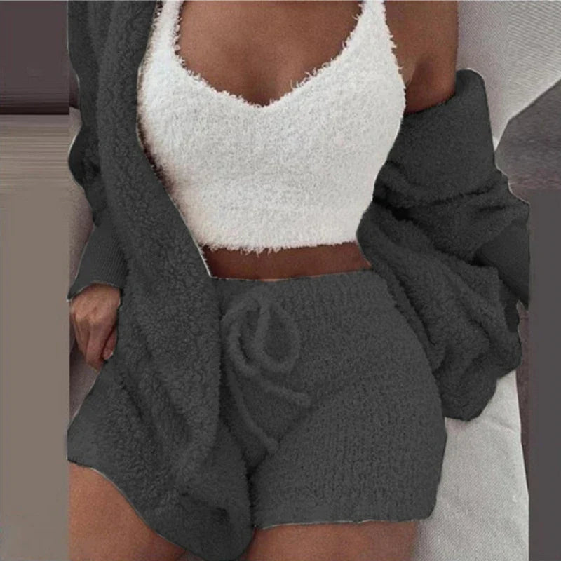 Free Shipping For Fluffy Pajamas Set - Casual Sleepwear Tank Top and Shorts Plus Size Hoodie Leisure Homewear Winter 3-Piece Pajamas (S-2XL)