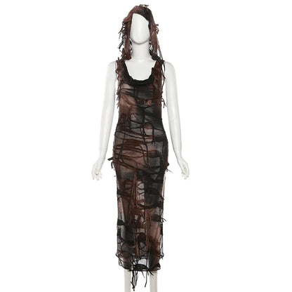 Free shipping for Tie Dye Print Side Split Dress Hooded 90s Vintage Mall Goth Sleeveless Slim Fit Bodycon Women Maxi Long Dress Halloween Costume