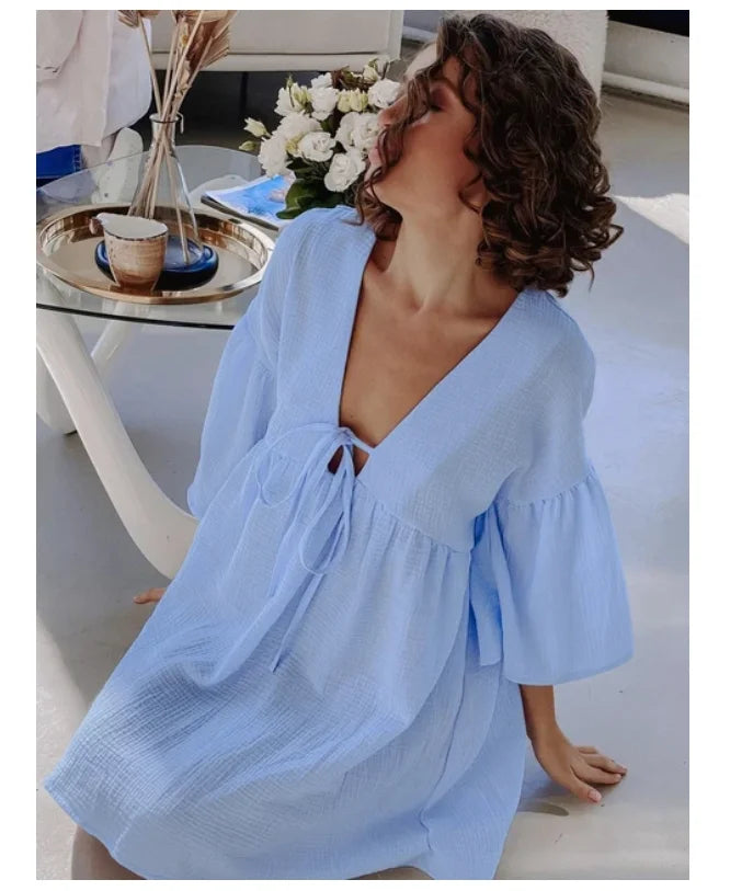 Free Shipping For Cotton ComFor t - Peplum Half Sleeve V-Neck Night Dress - Casual Sleepwear (S-XL)