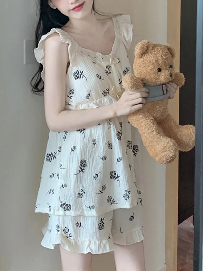 Free shipping for Print Rose Pattern Simple Sweet Sleeveless Korean Fashionable Sling Pajama Set Women Loose Home Kawaii Elegant Sleepwear Ins