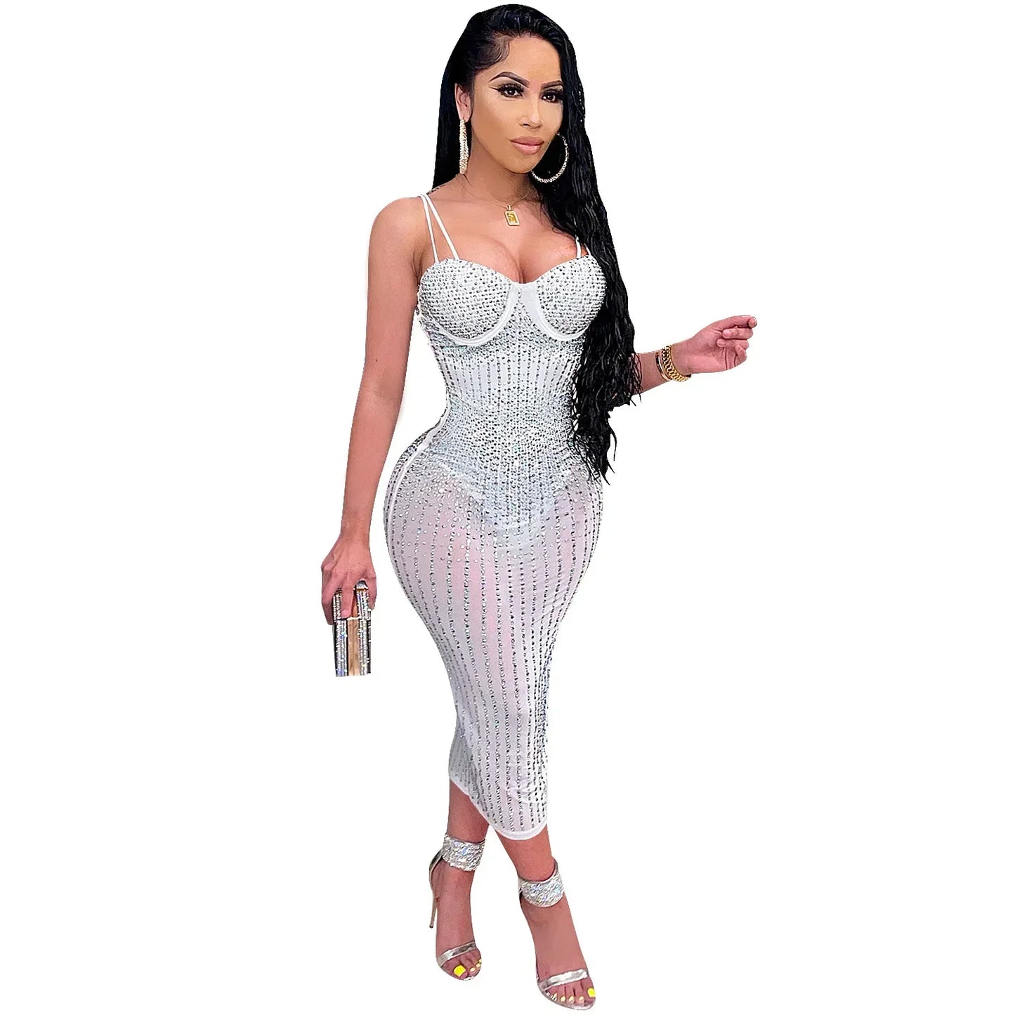 Free shipping for Black Sexy Mesh Perspective Rhinestone Party Suspended Dress Women Thin Strap Sleeveless Bodycon Dress Female Nightclub Wear