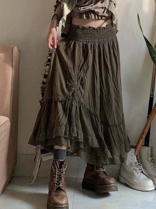 Free shipping for Vintage Forest Green Shirring Tie Lace Trim High Waist A Line Long Skirt Women Vacation Outfits