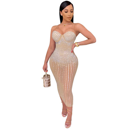 Free shipping for Black Sexy Mesh Perspective Rhinestone Party Suspended Dress Women Thin Strap Sleeveless Bodycon Dress Female Nightclub Wear