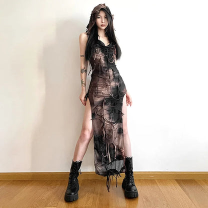 Free shipping for Tie Dye Print Side Split Dress Hooded 90s Vintage Mall Goth Sleeveless Slim Fit Bodycon Women Maxi Long Dress Halloween Costume