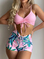 Free Shipping For Tropical Print Drawstring Bikini - High Waist Swimsuit with Tie Front Shorts (S-XL)