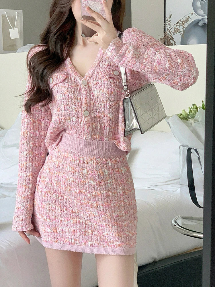 Free shipping for Two Piece Dress Set Sweet Cardigan Sweater + Slim Skirt Pink Elegant  Mini Dress Autumn Office Lady Casual Knitted Suits