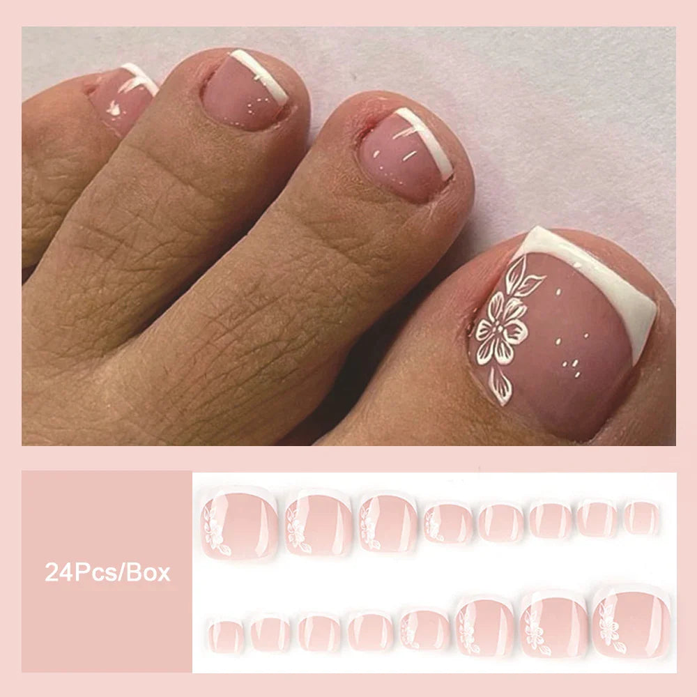 Free shipping for Fashion Nude Pink DIY Pedicure French Fake Toenails With Designs Removable Square Short Toe Nails Press On Nails False Toenail