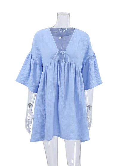 Free Shipping For Cotton ComFor t - Peplum Half Sleeve V-Neck Night Dress - Casual Sleepwear (S-XL)