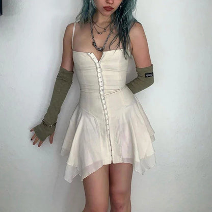 Free shipping for E-girl Harajuku Grunge Mini Dress Y2K Aesthetics Fairy Sexy Low Cut Front Hook Irregular Hem Backless Corset Dress Streetwear