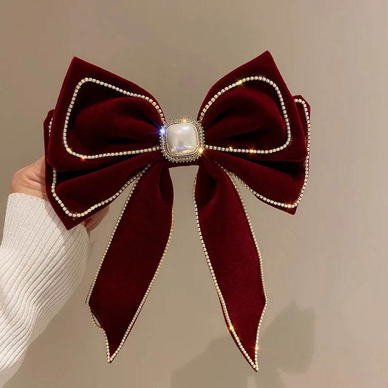 Free shipping for Velvet Inlaid Rhinestone Pearl Bow Hair Clip for Women Korean Fashion Exaggerated Hair Claws Exaggerated Hair Accessories