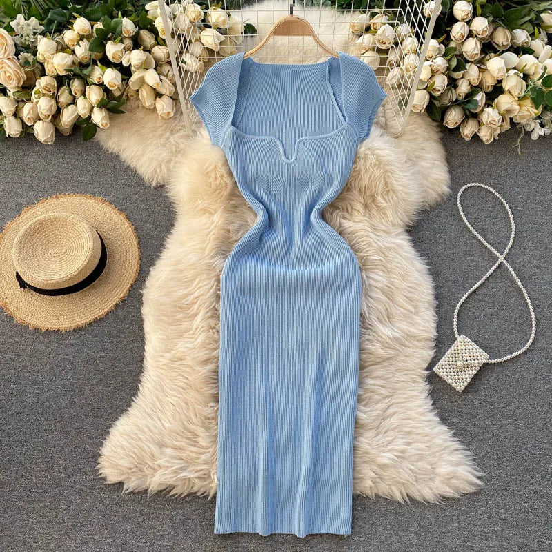 Free shipping for Spring Summer Short Cap Sleeve Knitted Sexy Bodycon Dress Back Slit Square Neck Casual Vintage Elegant Midi Dress Women