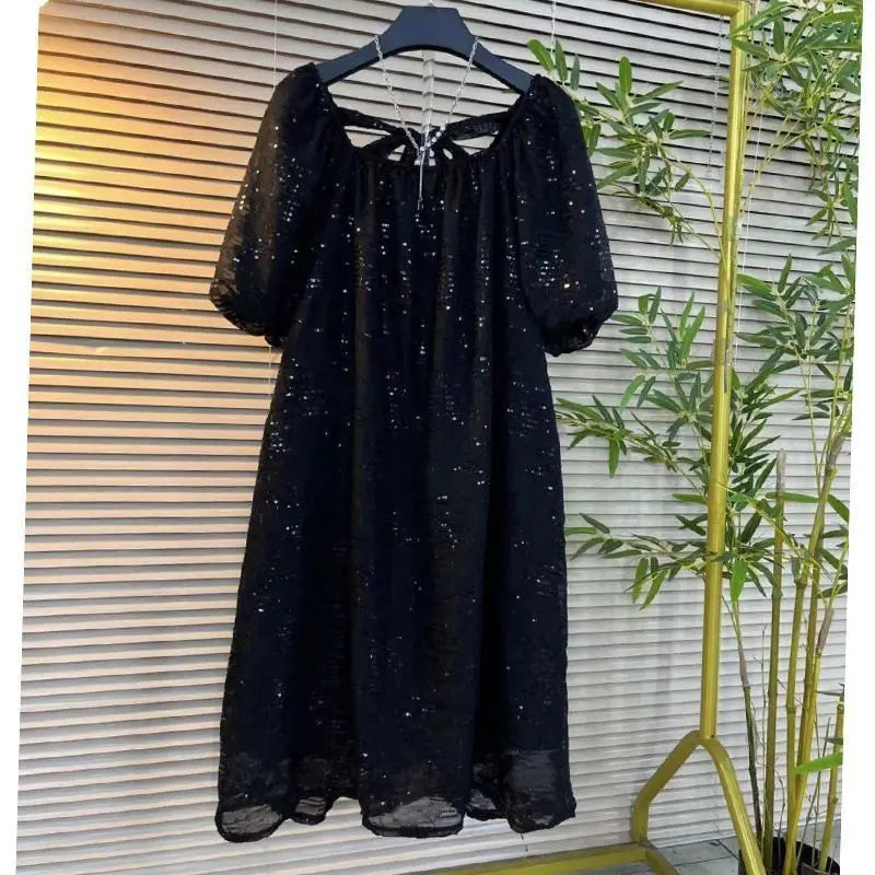 Free shipping for Women Plus Size L-4XL Sequin Black Chiffon Dress Puff Short Sleeve Square Collar Knee Dresses Female Summer New Clothing