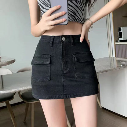 Free shipping for Korean High Wiast Denim Mini Skirt Women Sexy Hot Girl Tight Bag Hip Skirts Female Slim Anti-Glare Short Skirts Female