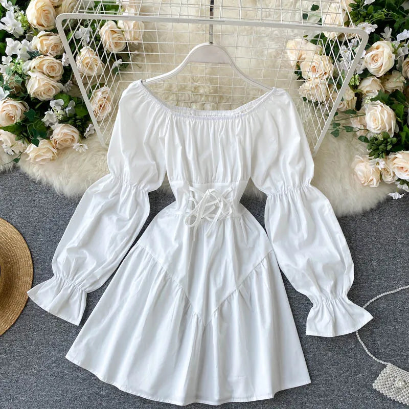 Free shipping for Autumn Dress Elegant Gothic Women White Black Bandage Mini Dress Sexy Off Shoulder Long Sleeve Korean Party Vestidos