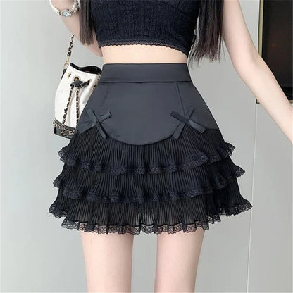 Free shipping for Summer Women Clothes Lace Patchwork Bow High Waist Kawaii Sweet Skirts Girl Harajuku Gothic Sexy Solid Party Mini Skirt