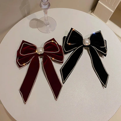 Free shipping for Velvet Inlaid Rhinestone Pearl Bow Hair Clip for Women Korean Fashion Exaggerated Hair Claws Exaggerated Hair Accessories