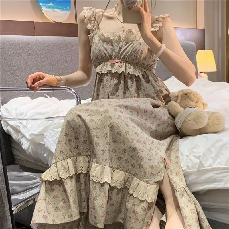 Free shipping for Korean Kawaii Princess Nightdress Women Summer Sleeveless Ruffles Printed Princess Nightgowns Sweet Girl Pajama Sleepwear Homewear Underwear