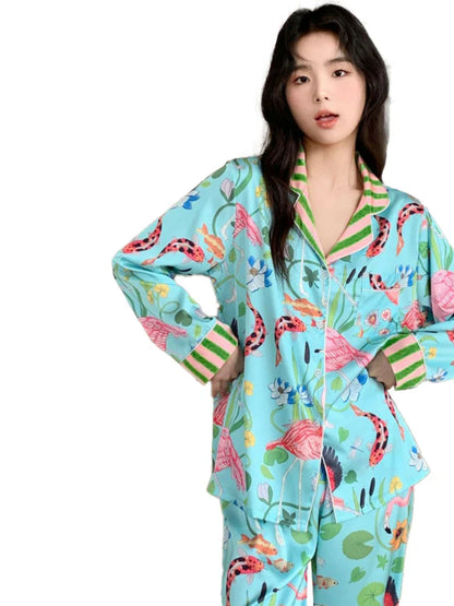 Free Shipping For Ice Silk Spring Pajama Set - Buttoned Cardigan & Print Pants (M-2XL)