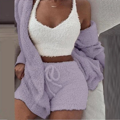 Free Shipping For Fluffy Pajamas Set - Casual Sleepwear Tank Top and Shorts Plus Size Hoodie Leisure Homewear Winter 3-Piece Pajamas (S-2XL)