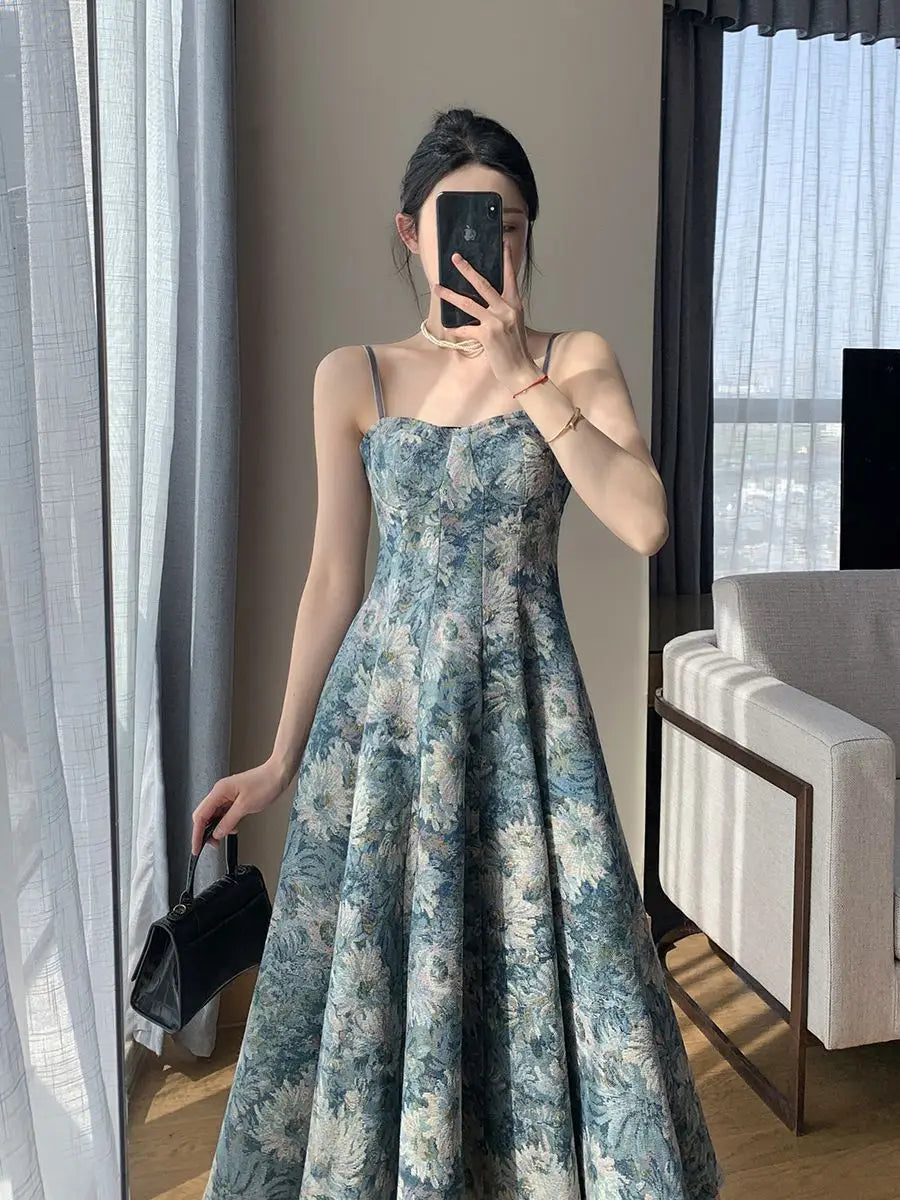 Free shipping for Summer Long Dresses Women Vintage Prints Elegant French Temper Midi Dress Stylish Partywear Sexy Ladies Sleeveless Ropa Mujer