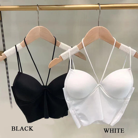 Free shipping for Beauty Back Ice Silk Halter Cropped Tube Top Streetwear Female Camis Padded Bralette Underwear Sleeveless Full Cup Bra Tank Tops