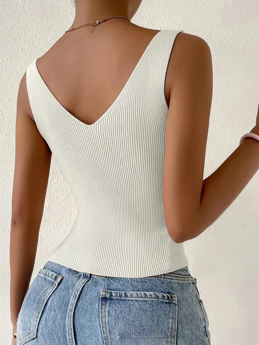 High Stretch V-Neck Ribbed Knit Crop Top