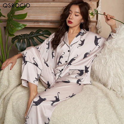 Free Shipping For Luxury Leopard Print Pajama Set: Silk-Like Sleepwear (M-2XL)