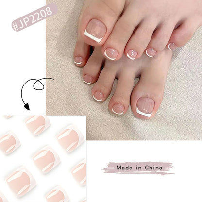 Summer French Toe Nails Set Press On Short Square Acrylic Nail Kits Wearable False Nails Nude Color Fashion Fake Feet Nail Tips