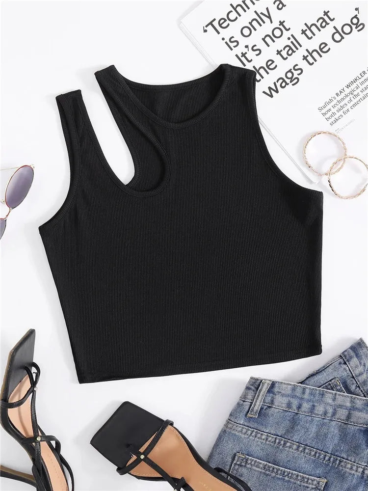 Free Shipping For Sexy Rib-knit Tank Top for Women Summer Solid O-neck Sleeveless Crop Tops Street Vintage Korean Fashion Shirt Vest Clothes