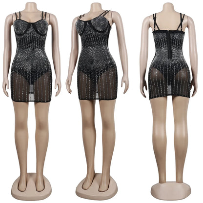 Free Shipping For Mesh Rhinestone Mini Club Dress Sexy Women Spaghetti Strap Bodycon See Through Diamond  Party Dress