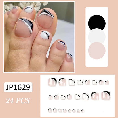 Summer French Toe Nails Set Press On Short Square Acrylic Nail Kits Wearable False Nails Nude Color Fashion Fake Feet Nail Tips