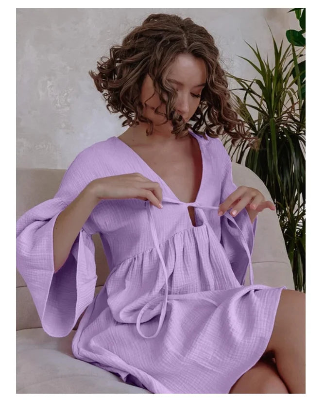 Free Shipping For Cotton ComFor t - Peplum Half Sleeve V-Neck Night Dress - Casual Sleepwear (S-XL)