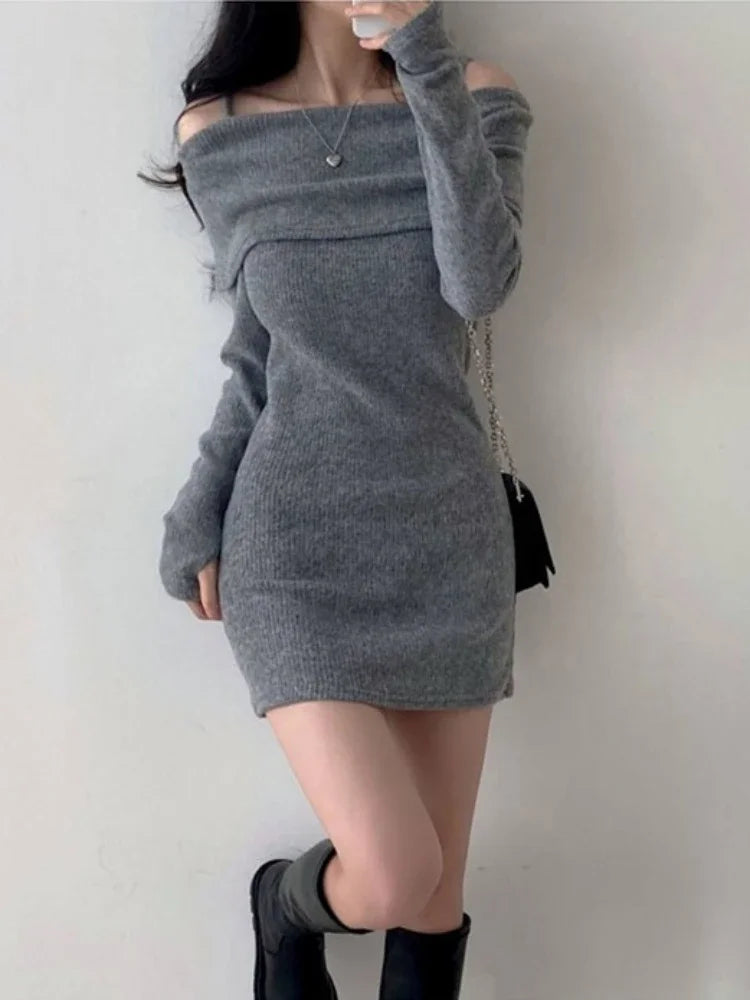 Free shipping for Off Shoulder Suspender Lapel Knit Dress Women Korean Sexy Slim Bottomed Mini Dresses Autumn Winter Solid Suspender Sweater Dress