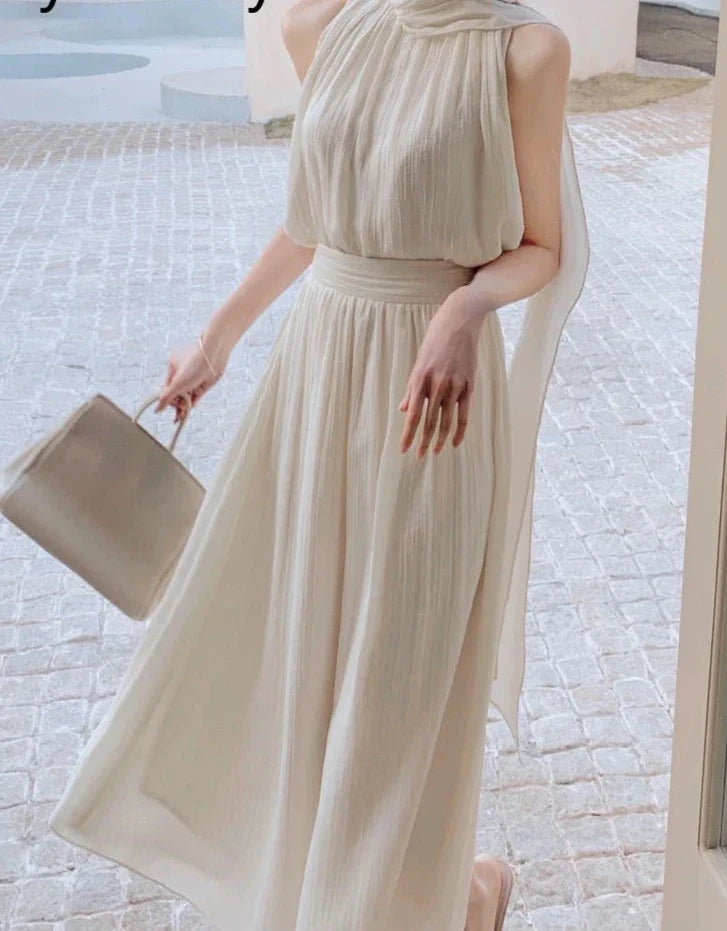 Free shipping for Summer Elegant Vintage Dress Women White Design Party Slim One Piece Dress Koraen Casual Fairy White Beach Sleeveless Dress