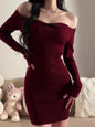 Free shipping for Long Sleeved Sexy Dress Red Christmas Women's Bodycon Hip Wrap Dresses Skinny And Stretchy Square Neck Spice Girls Mini Dress