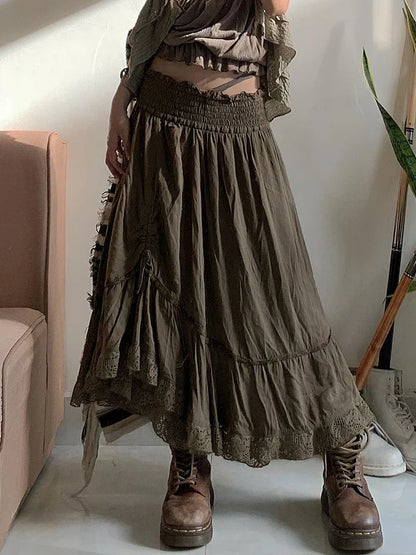 Free shipping for Vintage Forest Green Shirring Tie Lace Trim High Waist A Line Long Skirt Women Vacation Outfits