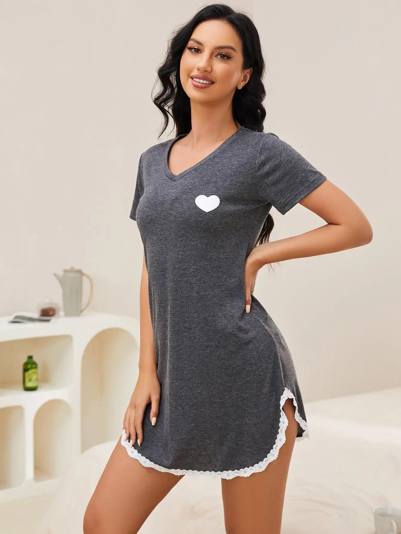 Free Shipping For Lace Trim Summer Nightgown - Deep Grey Heart Print Sleepwear with V-neck and Short Sleeves (S-XL)