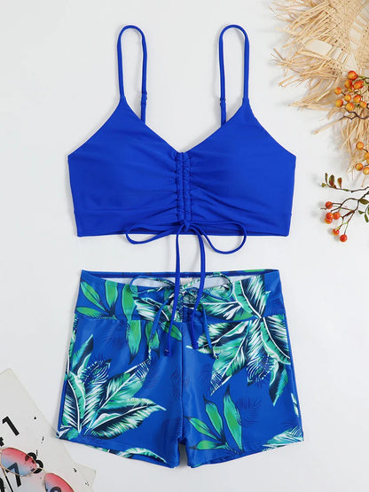 Free Shipping For Tropical Print Drawstring Bikini - High Waist Swimsuit with Tie Front Shorts (S-XL)